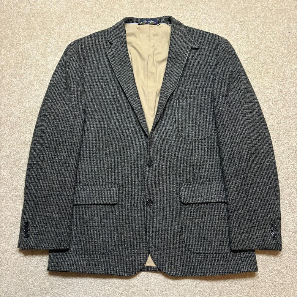 Harris Tweed Blazer Mens 44R Gray Wool Check Two Button Sport Coat Lands End